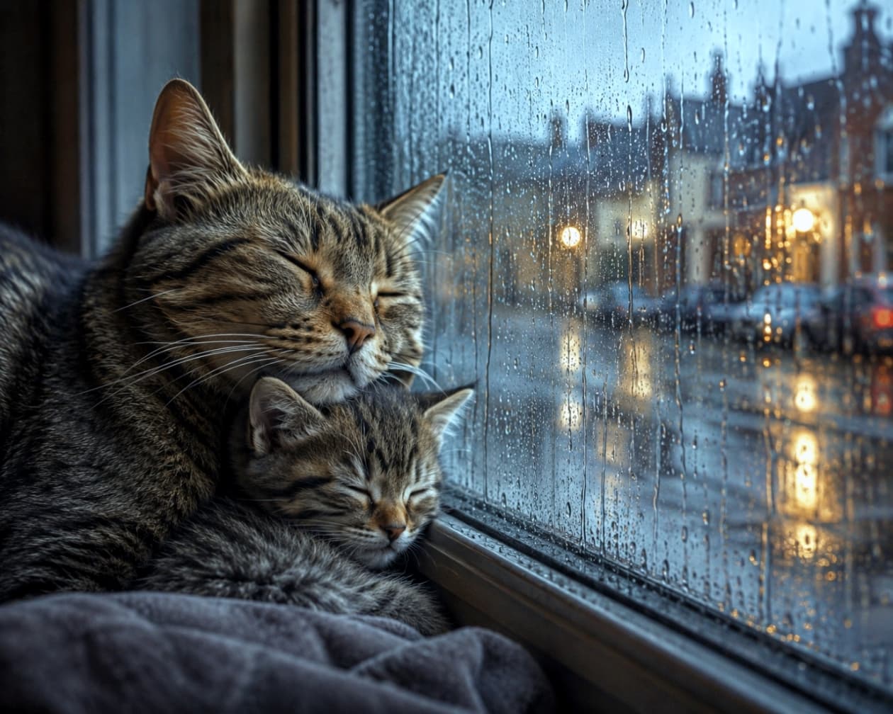 「雨の日だって、一緒ならあったかいね☔️🐱 窓の外の景色と猫たちの穏やかな表情が、最高の情緒を演出✨」Ultra-realistic high-quality photograph of a tabby cat and its kitten sleeping together by a rain-streaked window. The background shows a soft-focus, wet city street at dusk, creating a cozy, cinematic atmosphere with incredible detail on the cats' whiskers and fur. 雨粒が滴る窓辺で、キジトラの成猫と子猫が寄り添って幸せそうに眠っている。窓の外には雨に濡れたヨーロッパ風の街並みが美しくボケて写っており、シネマティックで温かみのあるライティングが特徴。猫たちのヒゲや毛一本一本まで鮮明な超高画質写真