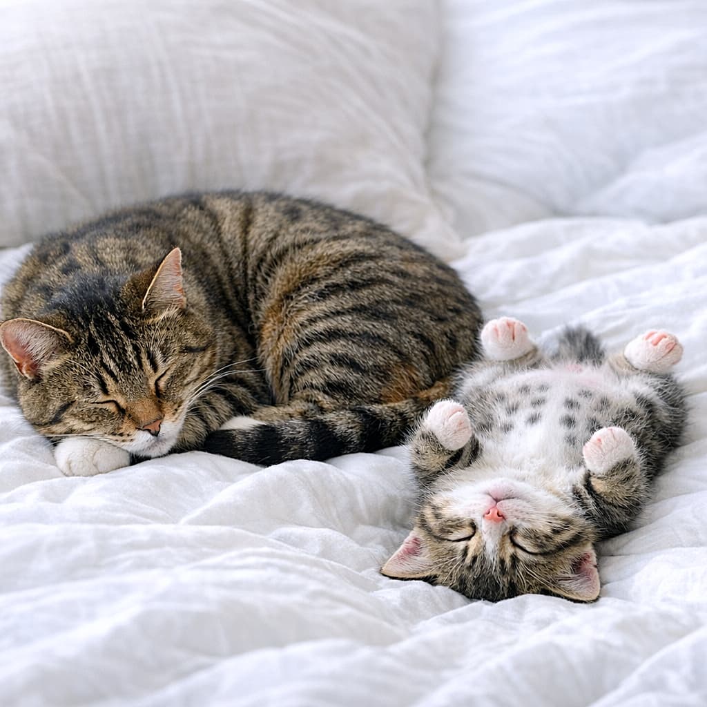 「キジトラ親子も仲良くおやすみ💤 子猫はまさかの完全ひっくり返り寝！お腹丸出しで無防備な子猫と、そっと寄り添う親猫に癒やされるニャ🐾」A photorealistic square close-up photograph of an adult brown tabby cat sleeping curled up on wrinkled white linen. Right next to it, a small tabby-and-white kitten sleeps entirely upside down, exposing its spotted belly and pink paws. しわのある白いリネンの上で体を丸めて眠るキジトラの親猫と、すぐ隣で完全に仰向けになり斑点のあるお腹とピンクの肉球を見せて眠るキジ白の子猫の写実的な正方形クローズアップ写真
