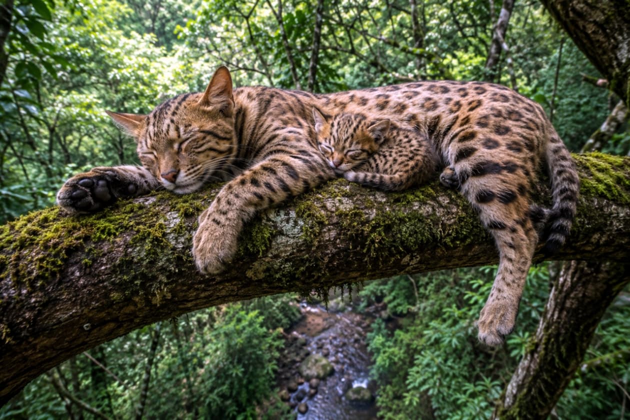 「ワイルドだけど可愛い！🐾 大自然のベッドですやすや眠る親子猫に生命の力強さを感じます🌿✨ #猫好きさんと繋がりたい #親子の絆」Ultra-realistic high-quality photograph of a wild mother cat and her kitten with leopard-like spots sleeping together on a thick, mossy tree branch in a lush green forest, with a stream in the background. 緑豊かな森の中で、ヒョウ柄の毛並みを持つ野生の親猫と子猫が太い苔むした木の枝の上で身を寄せて眠っている様子を捉えたリアルな高画質写真。背景には小川が見える