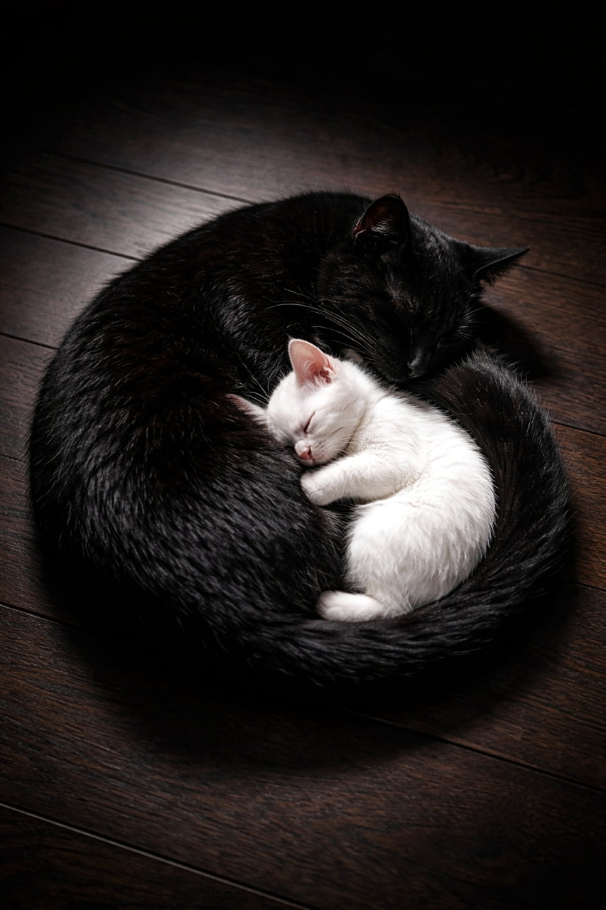 「まるで太極図みたい！黒猫ママと白い子猫がくるっと丸まって、完璧な陰陽フォーメーションでおやすみ中。静かな美しさに思わず見とれちゃう一枚🐈‍⬛🤍」Black parent cat and white kitten sleeping curled together on a dark wooden floor, forming a yin-yang shape with dramatic side lighting. 黒猫の親と白い子猫が暗い木の床の上で寄り添って眠り、体で陰陽（太極）の形を作っている印象的な写真