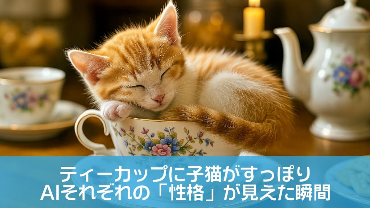花柄のティーカップに丸くなって眠るオレンジと白の子猫。木のテーブルとキャンドルの灯りが、温もりと夢見心地の空気を演出する