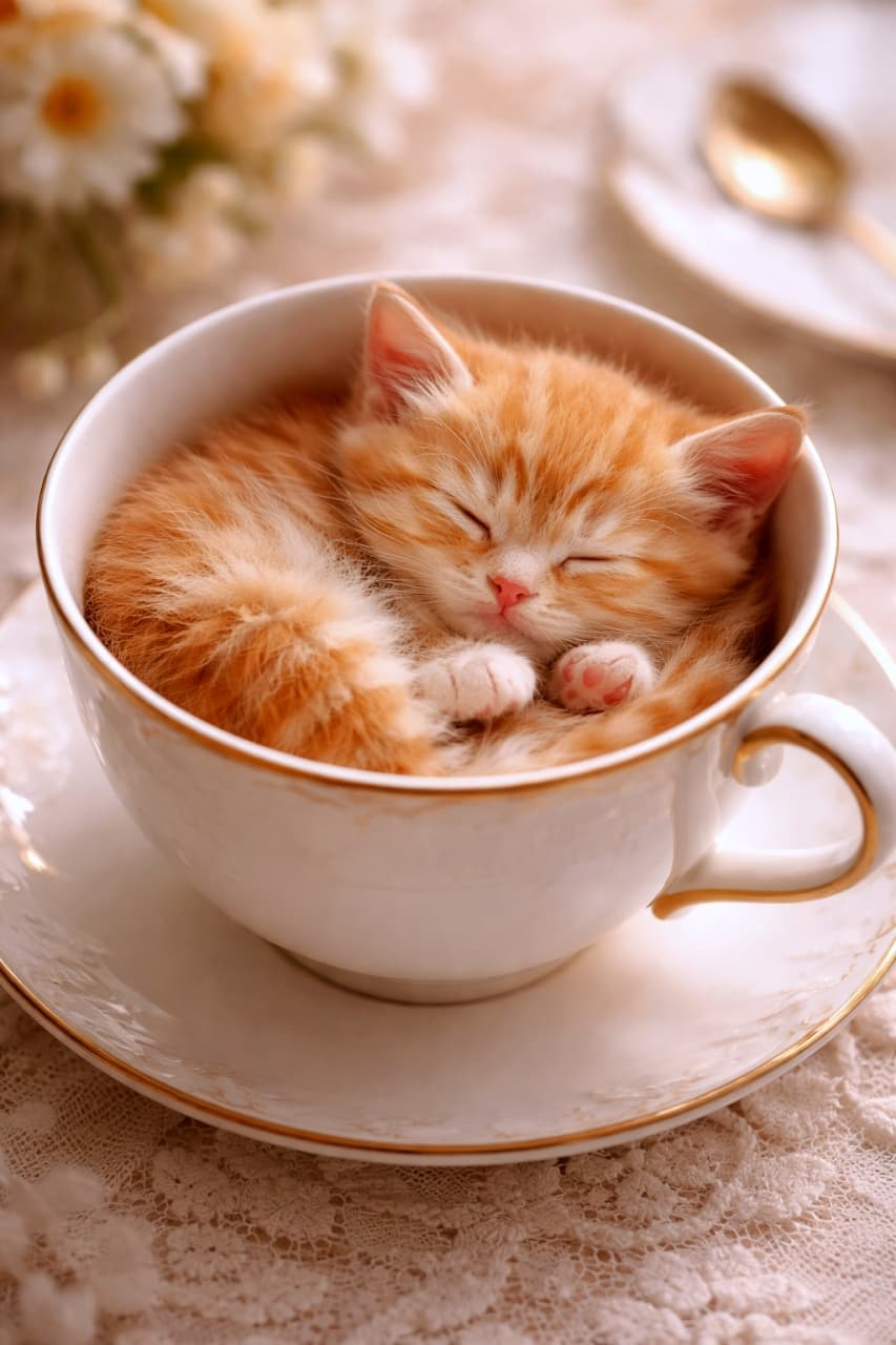 「すっぽり収まるサイズ感がたまらない…！やさしい光に包まれて眠る子猫に、ほっと心がゆるむ一枚🐈」A photorealistic orange kitten curled up asleep inside a white teacup with a gold rim, soft warm lighting and cozy atmosphere. 白い金縁ティーカップの中で丸くなって眠るオレンジ色の子猫、柔らかな光のフォトリアルな一枚