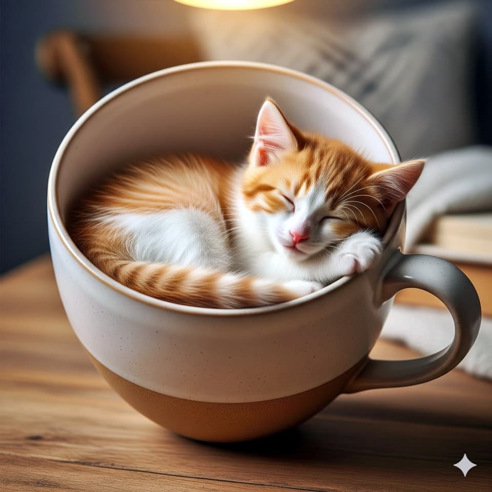 木製テーブルの上、大きな陶器のコーヒーカップの中で丸くなって眠る小さなオレンジと白の子猫。柔らかな光に包まれた、家庭的で温もりある光景。A small orange and white kitten curled up asleep inside a large ceramic coffee cup on a wooden table, bathed in soft warm light for a cozy, homely feel.
