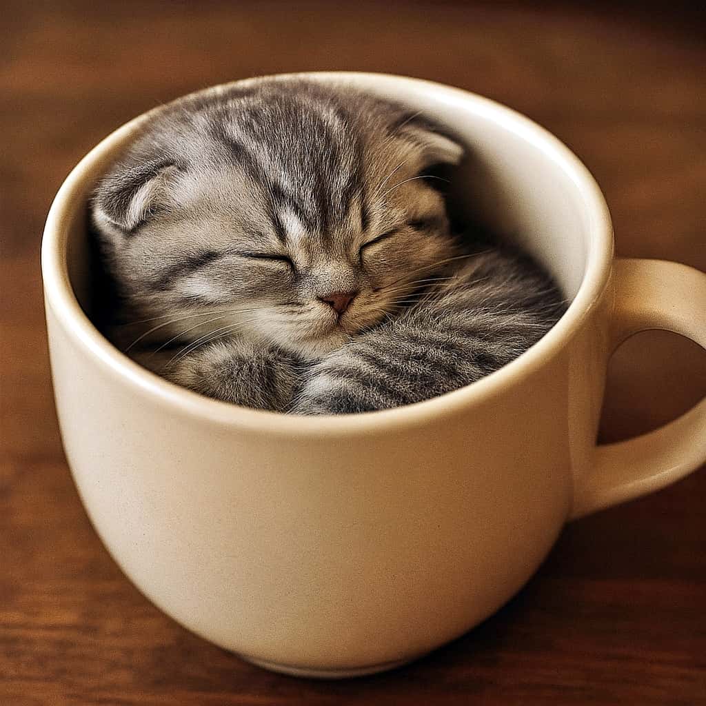 大きなオフホワイトのマグカップの中で丸くなって眠るスコティッシュフォールドの子猫。柔らかな銀灰色の毛並みと折れた小さな耳が特徴で、木製テーブルの上に置かれたマグカップにすっぽり収まり、穏やかな表情で目を閉じている。暖かい自然光が子猫のふわふわした毛並みとマグカップの質感を優しく照らしている