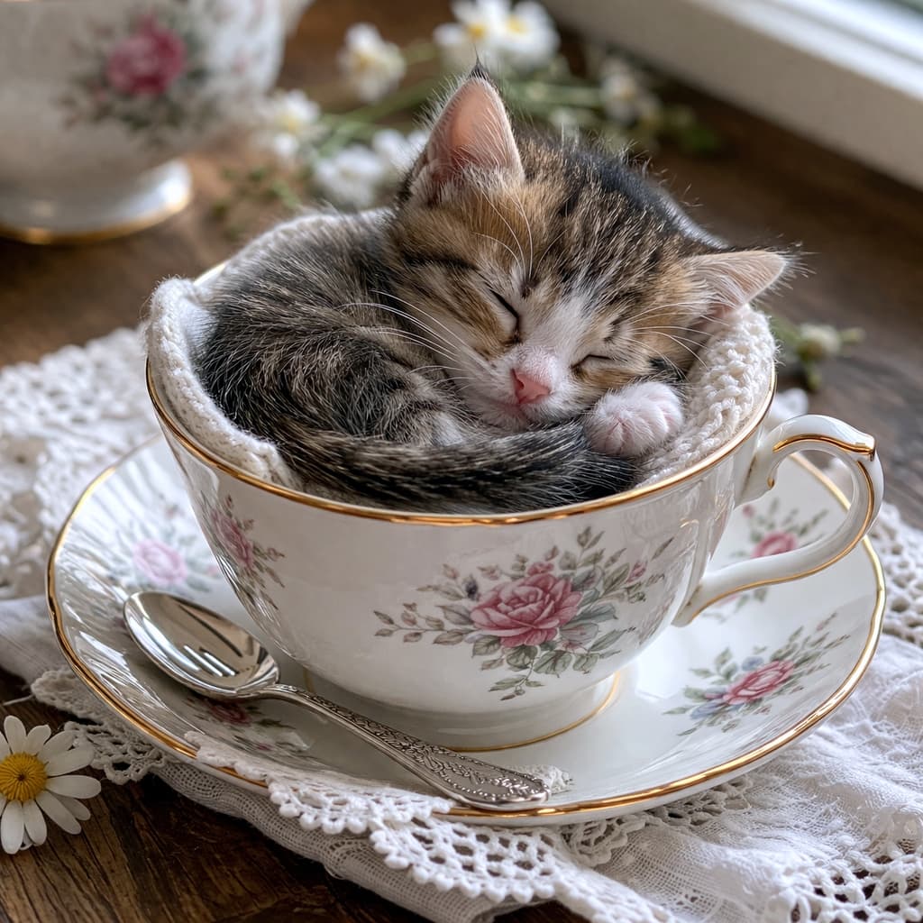「レースと花柄でぐっと上品な雰囲気に。くるんと丸まる子猫の可愛さが引き立つ、やさしい世界観の一枚🐈」A realistic tabby kitten sleeping inside a floral teacup on lace fabric, vintage style with soft natural light and delicate details. 花柄ティーカップとレースの上で眠るキジトラの子猫、やわらかな自然光が映えるヴィンテージ調の写真