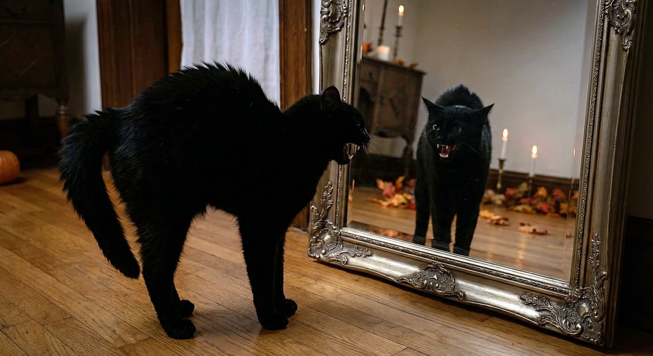 「アンティーク鏡にシャーッ！🎃 キャンドルと落ち葉の映り込みが美しい、ハロウィン気分の黒猫ちゃん🦇」A photorealistic horizontal image of a black cat standing sideways with its back arched and fur puffed up, hissing aggressively at an ornate, antique silver floor mirror. The scene has a moody, dimly lit atmosphere. The mirror's reflection reveals lit candles, autumn leaves, and a vintage room interior, strongly enhancing the Halloween vibe. A small orange pumpkin is visible on the wooden floor to the far left. 背中を丸めて毛を逆立て、横向きに立ってアンティーク調の豪華なシルバーの姿見に向かって激しく威嚇している黒猫の写実的な横長写真。全体的に薄暗くムードのある雰囲気。鏡には火の灯ったキャンドルや秋の落ち葉、ヴィンテージ風の室内の様子が映り込んでおり、ハロウィンの雰囲気を強く高めている。画面左端の木の床には小さなオレンジ色のカボチャが見える