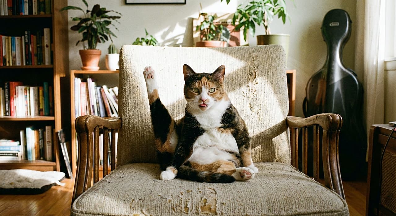 「足をピーン！チェロ奏者みたいなポーズでフリーズ中の三毛猫ちゃん🎻 舌のしまい忘れもご愛嬌ニャ👅」A photorealistic horizontal image of a calico cat sitting in a worn, sunlit armchair, pausing mid-grooming. The cat has one hind leg sticking straight up in the air like a cello player, with its tongue slightly sticking out as it stares blankly ahead. The background features a cozy room with a bookshelf, potted plants, and a dark cello case standing by the window. 陽の当たる使い込まれたアームチェアに座り、毛づくろいを中断している三毛猫の写実的な横長写真。猫はチェロ奏者のように片方の後ろ足を空に向かって真っ直ぐに突き上げており、舌を少し出しながら前方を呆然と見つめている。背景には本棚や鉢植えの植物、そして窓辺に立つ黒いチェロケースがある居心地の良い部屋が写っている
