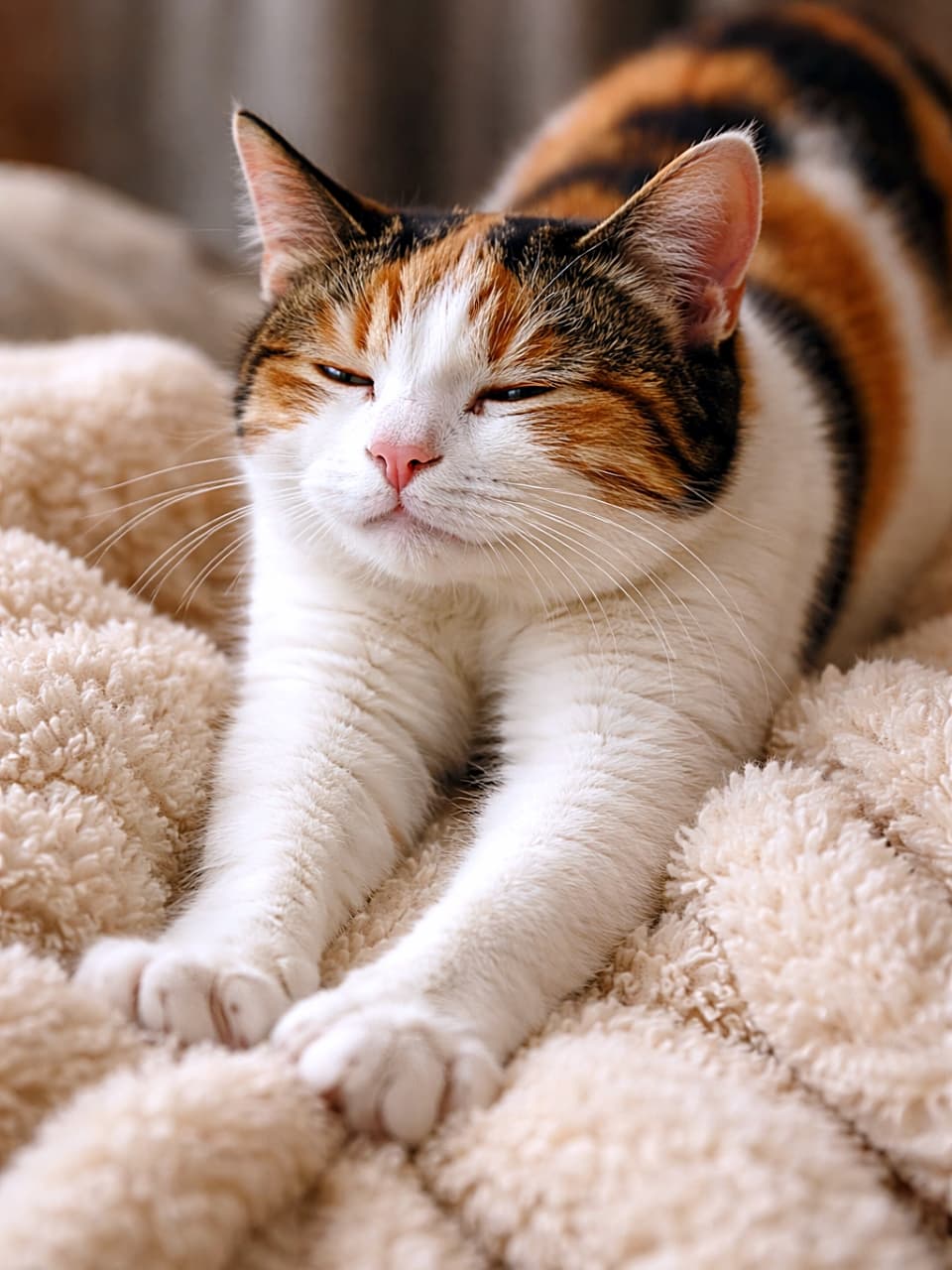 「ふわふわ毛布に夢中で「ふみふみ」する三毛猫さん。半分とろけた表情から、幸せなゴロゴロ音が聞こえてきそうな癒やしのひととき🐾✨」Calico cat kneading a fluffy blanket with half-closed eyes, looking completely relaxed and blissful. ふわふわの毛布を前足で一生懸命ふみふみする、うっとりした表情の三毛猫