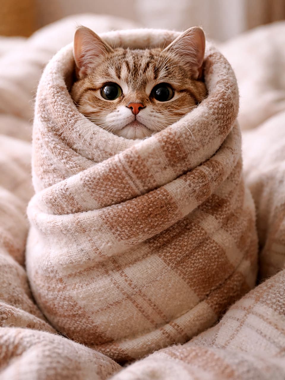 「ぬくぬくブランケットで“猫ブリトー”完成！顔だけひょこっと出したキジトラさんの、ほっこり可愛い冬のひとコマ」A cute tabby cat wrapped tightly in a warm blanket like a burrito, with only its small face and ears peeking out. ブランケットにブリトーのようにくるまれ、顔と耳だけをのぞかせているキジトラ猫