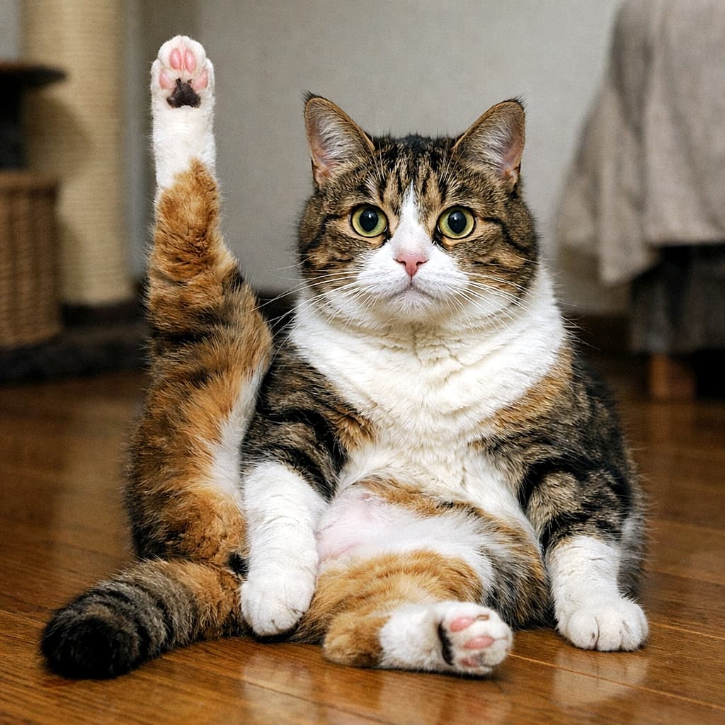 「毛づくろい中に突然の虚無顔！？🐾 足を高く上げたままフリーズしちゃったぽっちゃりボディがたまらないニャ✨」A photorealistic close-up square image of a chunky tabby and white cat sitting on a wooden floor, paused mid-grooming. Its right hind leg is sticking straight up in the air, prominently displaying its pink and black toe beans. The cat has wide, round eyes and is staring blankly ahead with an empty expression. The softly blurred background shows an indoor setting. 木の床に座り、毛づくろいの途中で動きを止めたぽっちゃりとしたキジ白猫の写実的なクローズアップ正方形写真。右の後ろ足を空に向かって真っ直ぐに高く上げており、ピンクと黒の肉球がはっきりと見えている。猫は目をまん丸にし、完全に虚無の表情で前方を呆然と見つめている。柔らかくぼやけた背景には室内の様子が写っている