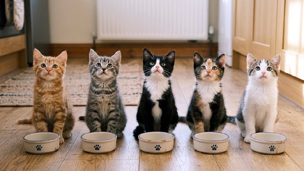 「「ご飯まだニャ？」🐈🍽️ 5匹並んでお行儀よくアピール中！どの子の視線に一番キュンとする？💕 #猫 #子猫 #ご飯待ち #多頭飼い #癒やし #猫好きさんと繋がりたい」Ultra-realistic high-quality photograph of five kittens (orange tabby, silver tabby, tuxedo, calico, and tabby-and-white) sitting perfectly in a row on a wooden floor behind empty paw-print food bowls. They are looking up expectantly, illuminated by warm natural light that highlights their distinct fur patterns, against a softly blurred kitchen background. 木製の床で、空の足跡柄フードボウルの前に一列にお座りし、期待に満ちた上目遣いで見上げる5匹の子猫（左から茶トラ、サバトラ、ハチワレ、三毛、キジトラ白）。キッチンの背景が美しくボケる中、柔らかな自然光がそれぞれの異なる被毛の模様やふんわりとした質感を鮮明に映し出す、超リアルな高画質写真