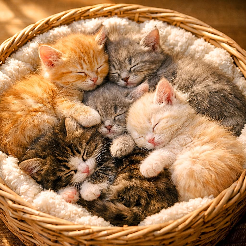 「まるで猫団子！🍡 色とりどりの5匹の子猫が、丸いかごの中でギュッとくっついてぽかぽかお昼寝中ニャ☀️」A photorealistic, close-up square image of five fluffy kittens sleeping peacefully, tightly huddled together in a circle inside a round wicker basket. The kittens are various colors, including orange, grey, cream, and dark tabby, and are resting on a soft white fleece lining. Warm sunlight illuminates their faces and fur from the top left. 丸い籐かごの中で、5匹のふわふわな子猫が円を描くように身を寄せ合って安らかに眠っている、写実的なクローズアップ正方形写真。子猫たちはオレンジ、グレー、クリーム色、暗いキジトラなど様々な毛色で、柔らかい白いフリース生地の上に横たわっている。左上から温かい太陽の光が差し込み、子猫たちの顔や毛並みを照らしている