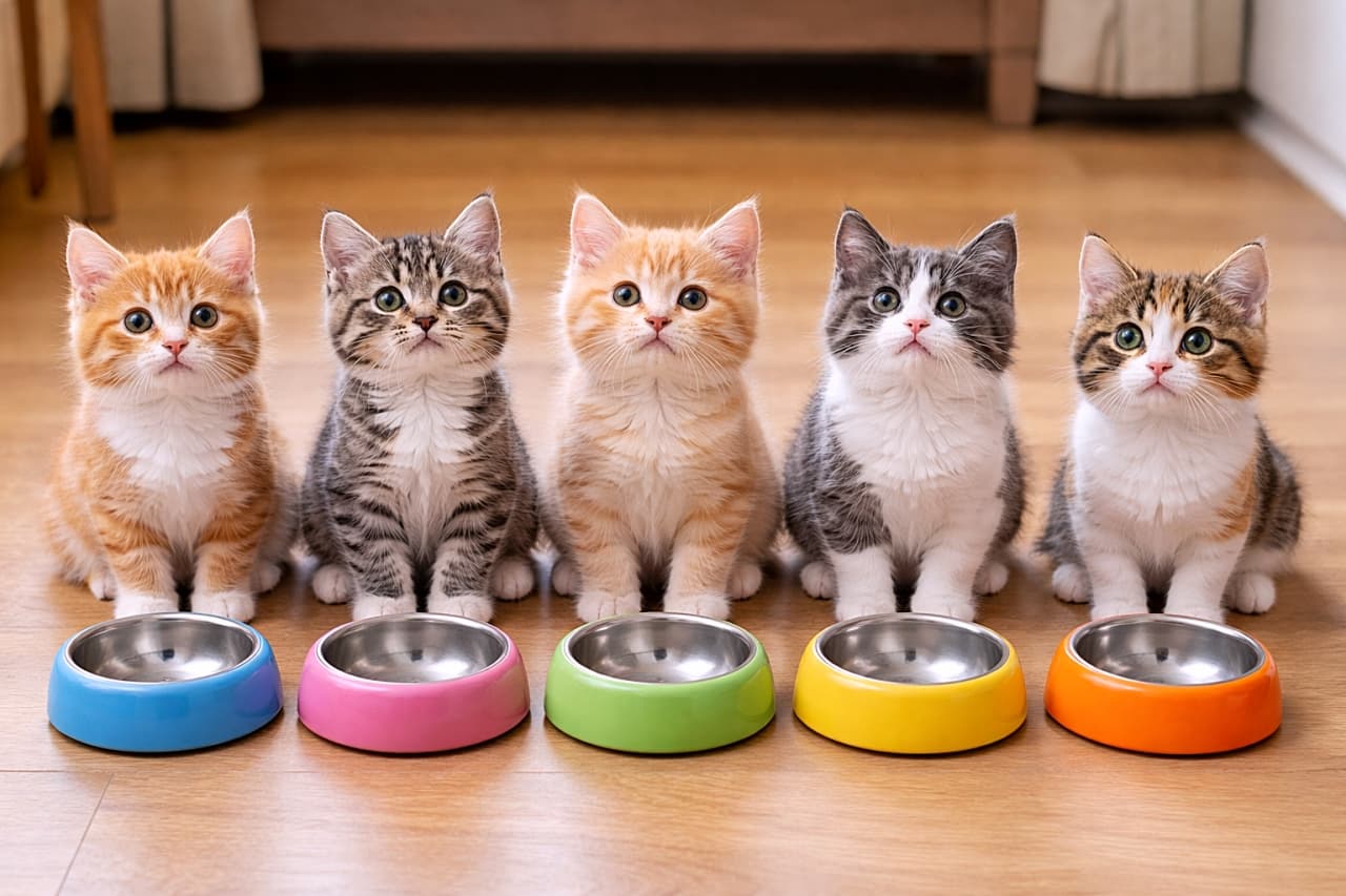 「ごはんまだ？とばかりに空っぽのボウルの前で整列する5匹の子猫たち。こんな視線で見つめられたら、秒でおかわり用意しちゃいます🐱🍽️」Five kittens sitting in a perfectly straight line in front of empty food bowls, looking up expectantly as if waiting for their meal. 空っぽのフードボウルの前に一直線に並び、今か今かとごはんを待つように見上げる5匹の子猫