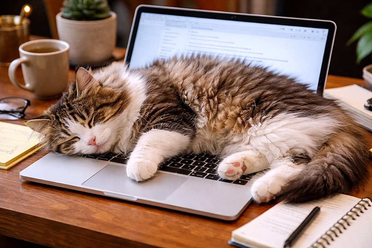 「仕事を始めようとした瞬間、キーボードのど真ん中で爆睡する猫さん登場。どうやら今日は「作業より休憩の日」に決定らしいです。🐾💻」A fluffy long-haired cat sleeping across a laptop keyboard on a wooden desk, blocking its owner from working. 木のデスクの上でノートパソコンのキーボードをふさぐように、ふわふわの長毛猫が気持ちよさそうに眠っている様子