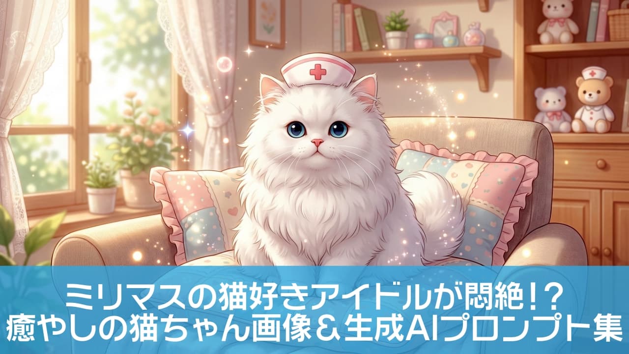 「ふわもこナース猫ちゃん登場！パステルクッションでお行儀よく座る姿に癒やされる～💕✨」A high-quality, highly detailed anime-style illustration of an extremely fluffy white Persian cat with large blue eyes, wearing a tiny, cute nurse cap with a red cross. The cat sits neatly on a pastel pink and light blue heart-patterned cushion, centered in the frame. It is surrounded by soft, warm natural light from a window with lace curtains and sparkling glowing effects. The cozy room interior in the background features potted plants on the windowsill, shelves with books and small bottles, and two teddy bear plushies also wearing nurse caps. 非常に詳細なアニメスタイルの高品質イラスト。大きな青い目をした、非常にふわふわな白猫（ペルシャ猫風）が、赤い十字架のついた小さなかわいいナースキャップを被っている。猫は、パステルピンクとライトブルーのハート柄のクッションの上に、きちんとお行儀よく座っている。猫の周りには、柔らかく温かい自然光とキラキラとした光の効果が描かれている。背景には、レースのカーテンと植物のある窓、本や小瓶が並ぶ棚、そしてナースキャップを被った2匹のテディベアのぬいぐるみがある居心地の良い部屋が描かれている