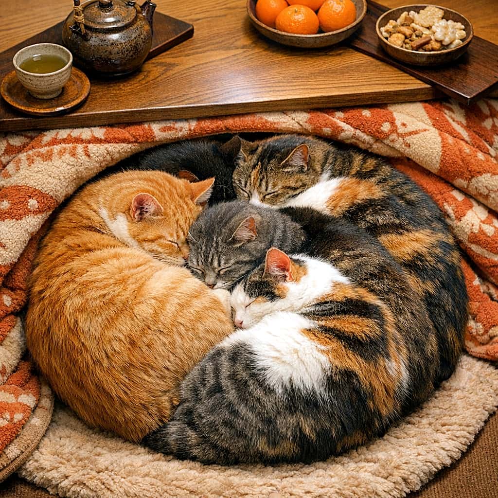 「こたつ布団に潜り込んでギュギュッと密着！みかんとお茶をお供に、ぬくぬく完璧な猫団子で夢の中ニャ🍵」A photorealistic square image of four cats, including orange, grey tabby, and calico, curled up perfectly together in a tight circle, forming a "cat dumpling" on a fluffy mat. They are snuggled partially under an orange and beige patterned kotatsu blanket. Above them, on the wooden table top of the kotatsu, sits a traditional teapot, a cup of green tea, a wooden bowl of bright orange mikan (mandarins), and a bowl of snacks. 茶トラ、サバトラ、三毛などの4匹の猫が、ふかふかのマットの上で完璧な円を描くようにギュッと丸まり、「猫団子」を作って眠っている写実的な正方形写真。猫たちはオレンジとベージュの模様が入ったこたつ布団の下に潜り込んでいる。その上にある木製のこたつ天板には、伝統的な急須、緑茶の入った湯呑み、鮮やかなオレンジ色のみかんの木の器、そしてお菓子の器が置かれている