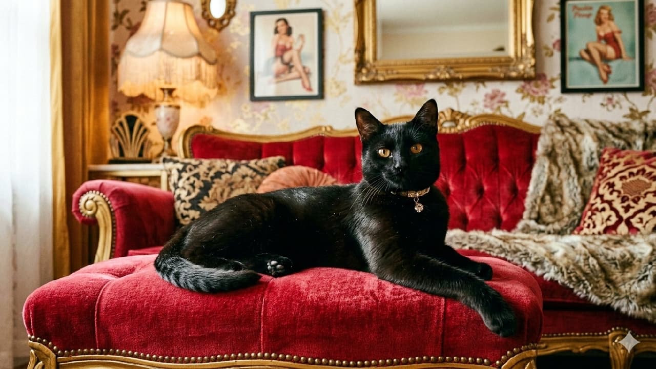 「赤いベルベットはボクのもの🛋️✨グラマラスな世界観で自信満々なキメ顔！🐈👑 #猫 #黒猫 #グラマラス #キメ顔 #猫好きさんと繋がりたい」Ultra-realistic high-quality photograph of a sleek black cat with short, glossy fur and amber eyes, lying confidently on a plush red velvet ottoman. The cat wears a sparkling rhinestone collar and looks directly at the camera with a self-assured gaze. The background is a glamorous, vintage-style room with a red velvet sofa, a large gold mirror, two pin-up art frames, floral wallpaper, an antique lamp, and soft natural window light illuminating the scene. 豪華なグラマラスな雰囲気の部屋で、赤いベルベットのオットマンの上に、滑らかで光沢のある黒い被毛を持つ短毛の黒猫が自信に満ちた表情でカメラを見つめて横たわっている。猫はラインストーンの首輪を着用し、背景には赤いベルベットのソファ、ゴールドのトリムの鏡、ピンナップアートフレーム、花柄の壁紙、アンティークランプ、アニマルプリントのブランケットがあり、窓からの柔らかな自然光が猫の毛並みを美しく照らしている、超リアルな高画質写真