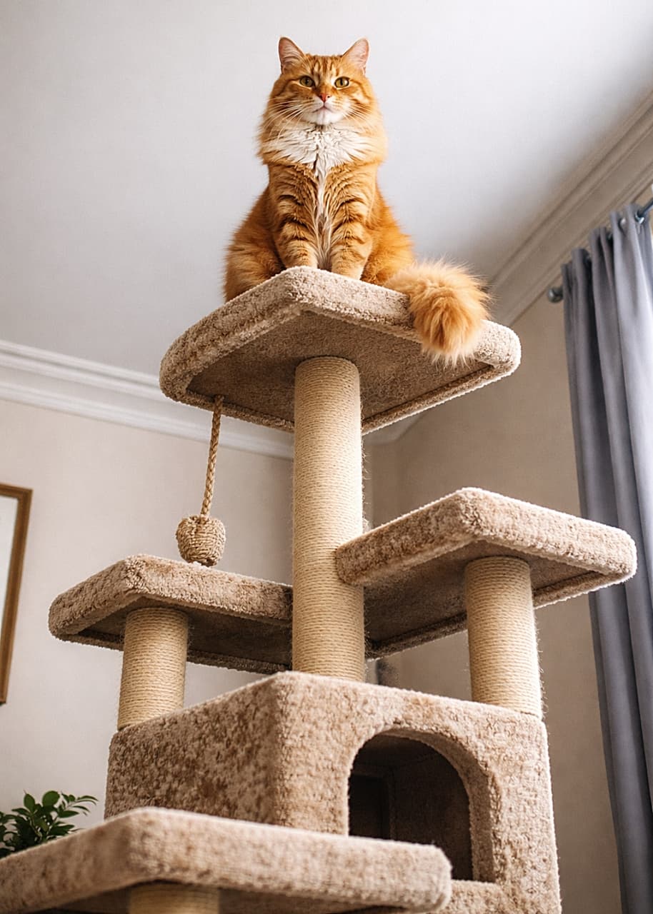 「キャットタワーの頂点から部屋を見渡す威厳たっぷりの猫さま。ここが王座、そして家じゅうが王国。そんな顔で見下ろされています👑🐾」A majestic orange tabby cat perched on the highest platform of a tall cat tree, gazing down proudly like a ruler surveying its territory. 高いキャットタワーの頂上に堂々と座り、領土を見渡す王のような表情で下を見下ろす茶トラ猫