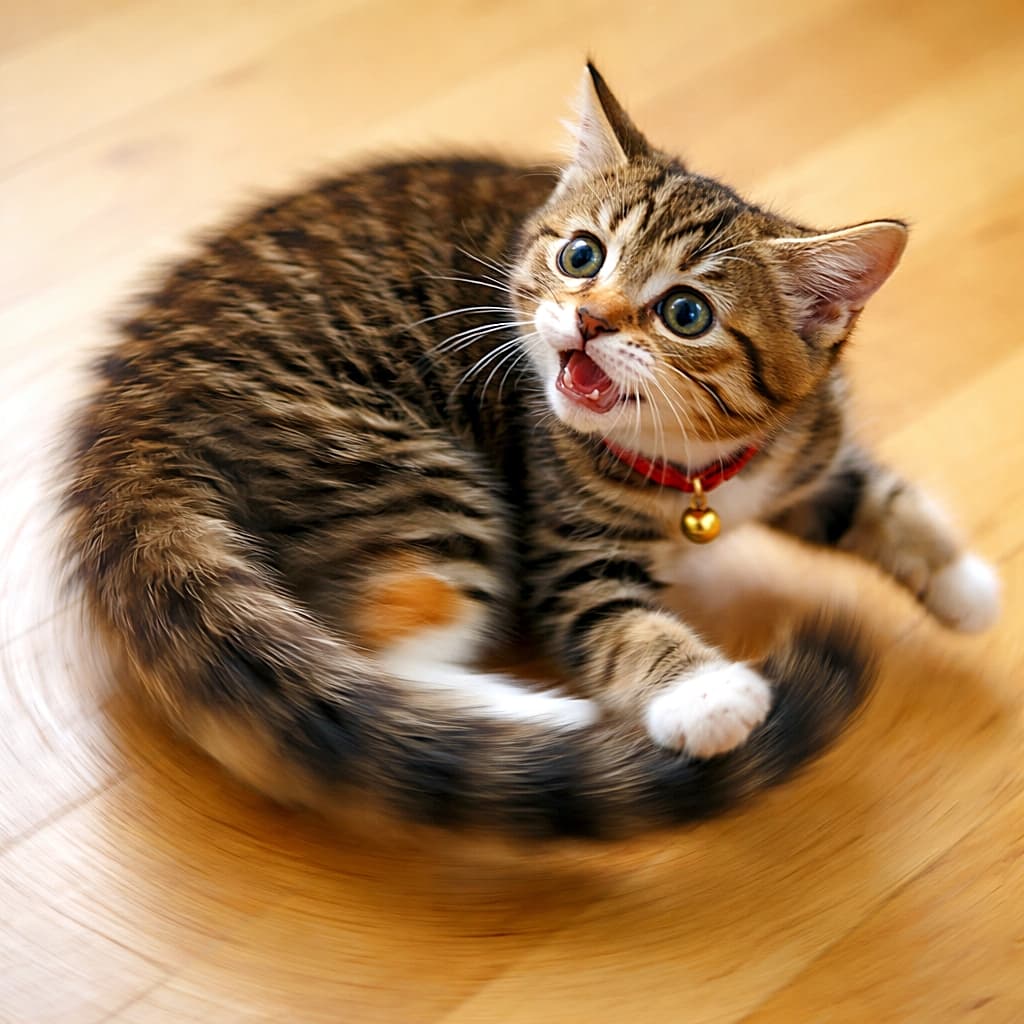 「「あとちょっとで捕まえられるはず！」そんな勢いで全力ぐるぐる。しっぽハンター子猫、本日もミッション成功ならず…でも楽しそうだからOK！」A small tabby kitten spinning rapidly in circles on a wooden floor while trying to catch its own tail, mouth open in excitement and wearing a red collar with a tiny bell. 木の床の上で自分のしっぽを追いかけて高速でくるくる回る子猫。赤い首輪と鈴をつけ、口を開けて夢中になっている様子