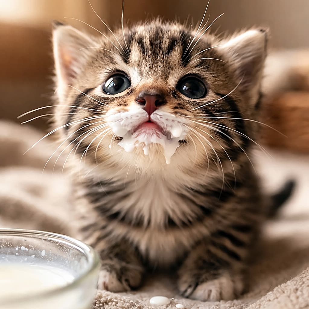 「ミルクを飲んだあと、口元がミルクだらけの子猫。見上げるつぶらな瞳に思わずキュン。まだ拭くのを忘れているのも、子猫らしいかわいさ🐱」A tiny tabby kitten looking up with a messy white milk mustache and milk drips around its mouth after drinking milk. ミルクを飲んだあと、口元に白いミルクのひげとしずくをつけたまま見上げる小さな子猫のアップ写真