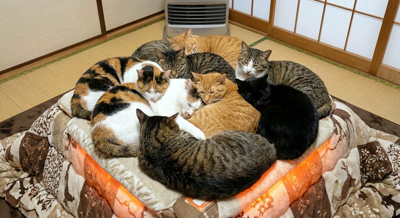 「こたつの「上」で大集合！？ほかほか光るお布団で、みんにゃで丸まる特大もふもふ猫団子のできあがりニャ🍊」A photorealistic horizontal image of a large group of cats, including calico, tabby, orange, and black cats, sleeping tightly curled up together in a circle. They are resting directly on top of a thick, patterned blanket covering a Japanese kotatsu that is glowing warm orange from underneath. The setting is a traditional Japanese room with tatami mats on the floor, shoji screen doors, and a space heater in the background. 三毛、キジトラ、茶トラ、黒など、たくさんの猫たちが円を描くように身を寄せ合って丸く眠っている写実的な横長写真。猫たちは、下から温かいオレンジ色の光を放つ日本のこたつの、模様の入った厚手の上掛け布団の上に直接乗ってくつろいでいる。背景には畳、障子、暖房器具があり、伝統的な和室の情景になっている