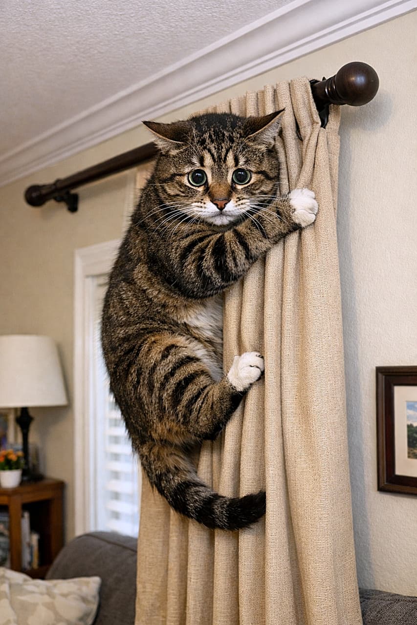 「カーテンの頂上まで登ったはいいけど…降り方がわからない！やらかした顔の猫さん🐱」A mischievous tabby cat clinging to the top of a living room curtain, looking down with wide, regretful eyes after climbing too high. リビングのカーテン上部にしがみつき、降りられなくなって後悔した表情で下を見つめるいたずら猫