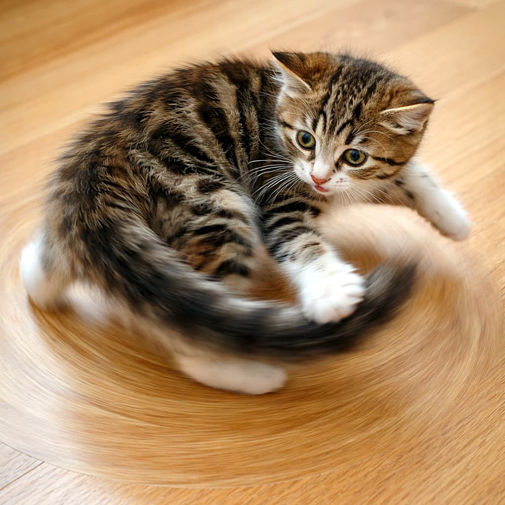 「くるっ、くるっ、くるっ…！気づけば自分のしっぽを追いかけて無限ループ。子猫の世界では、これが最高に楽しい遊びらしい」A playful tabby kitten spinning in circles on a light wooden floor while chasing its fluffy tail, captured with motion blur showing its fast movement. 明るい木の床の上で自分のふわふわのしっぽを追いかけて回るキジトラの子猫。くるくる回る動きがモーションブラーで表現されている