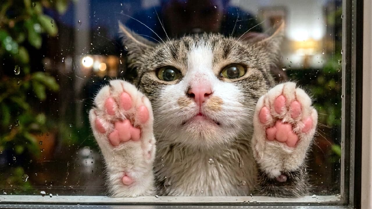 「雨の夜に現れた「むぎゅっ」🐾 両前足をこれでもかと押し付けて、ピンクの肉球見せつけアタック！☔️🐱💕 #猫 #肉球 #むぎゅ #雨の日 #猫好きさんと繋がりたい」Ultra-realistic high-quality photograph of a Brown Tabby and White cat looking in through a rain-streaked window at night. Both front paws are pressed firmly against the glass, making the vibrant pink paw pads flattened and highly visible. The cat's face is also squished against the glass, creating a comical "squished face" effect, showing small teeth and wide yellow-green eyes looking intently inside. Blurred indoor lights in the background. 雨粒の付いた窓ガラスを外から覗き込む、キジトラ白（ブラウンタビー＆ホワイト）の成猫のアップ。猫は両方の前足をこれでもかとガラスに押し付けており、鮮やかなピンク色の肉球（Paw pads）がガラスに密着して平らに潰れている。顔もガラスに押し付けられ、口元がむぎゅっと潰れて少し歯が見え、イエローグリーンの瞳が真剣に中を覗き込んでいる。背景は夜で、ぼやけた室内の光（ボケ）が広がる、超リアルな高画質画像
