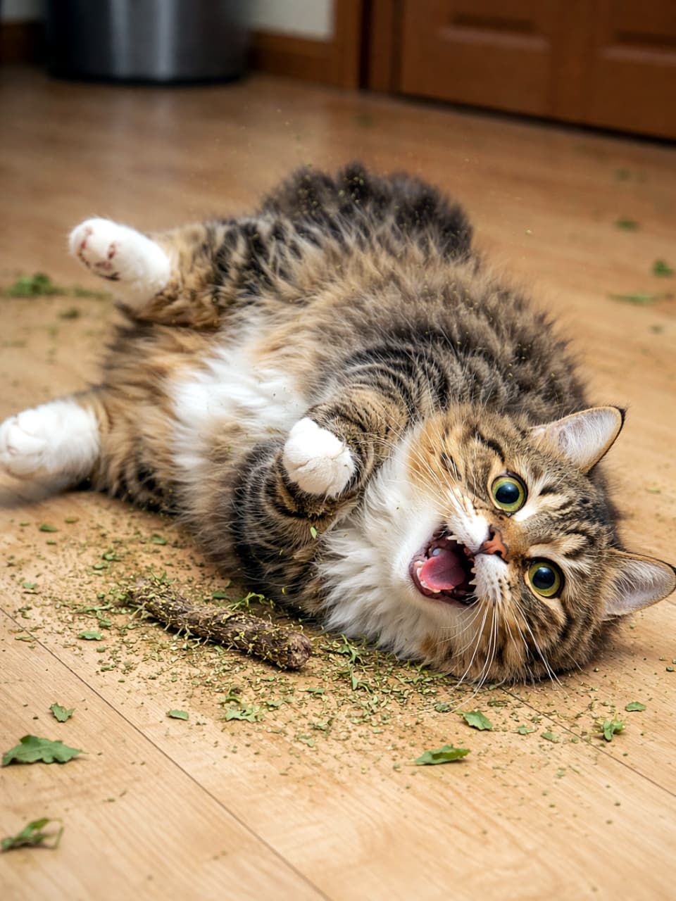 「またたび効果でテンションMAX！床を転がりながら恍惚顔の猫さん、幸せそうすぎる瞬間🐱」A fluffy tabby cat rolling ecstatically on the floor after sniffing silvervine, paws curled and mouth open with a tiny bit of drool. またたびを嗅いで恍惚状態になり、床で転がりながら前足をくにゃっとさせているキジトラ猫
