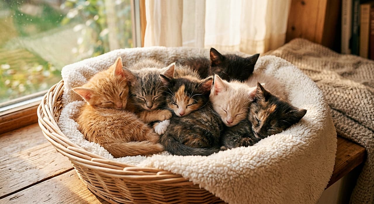 「窓辺の特等席でみんな一緒におやすみなさい💤 6匹仲良く並んで、お日様の匂いがいっぱいニャ🌿」A photorealistic horizontal image of six adorable kittens sleeping soundly, huddled together in a row inside a shallow wicker basket lined with a soft white blanket. The kittens feature different coat patterns, including orange tabby, brown tabby, calico, cream, and black. The basket is placed on a rustic wooden surface right next to a bright window, with warm sunlight streaming in and creating a cozy atmosphere. 白い柔らかいブランケットが敷かれた浅い籐かごの中で、6匹の愛らしい子猫が一列に身を寄せ合ってぐっすり眠っている写実的な横長写真。子猫たちは茶トラ、キジトラ、三毛、クリーム、黒など様々な模様をしている。かごは明るい窓辺の素朴な木の表面に置かれており、温かい太陽の光が差し込んで居心地の良い雰囲気を作り出している