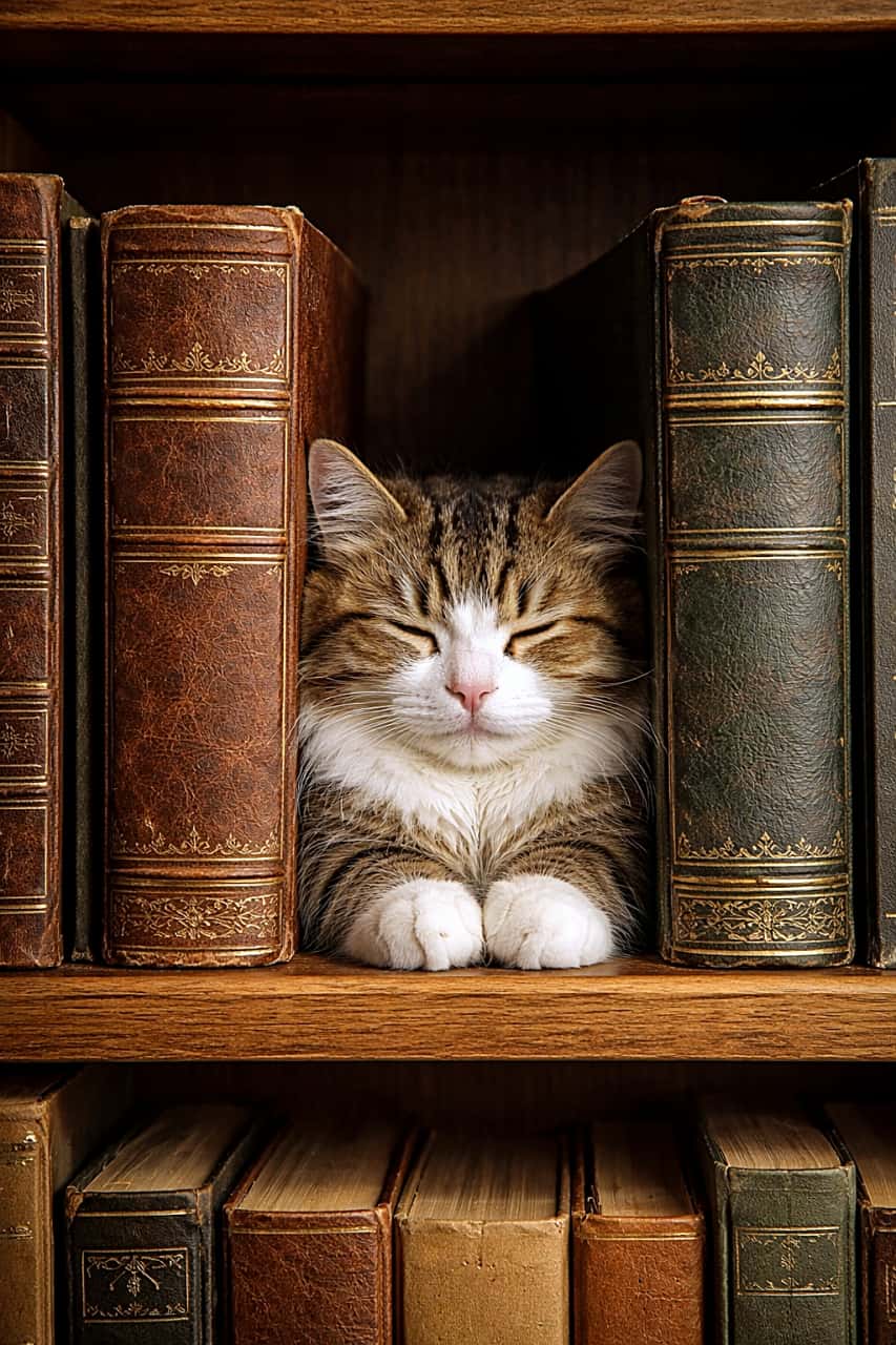 「本棚のすき間にぴったりフィット。今日のブックエンドは…どうやら猫担当のようです📚🐾」A peaceful tabby cat sleeping between two large antique books on a wooden bookshelf, looking like a fluffy bookend. 木製の本棚で、分厚い古い本に挟まれるように気持ちよさそうに眠るキジトラ猫。まるで本立てのように見える