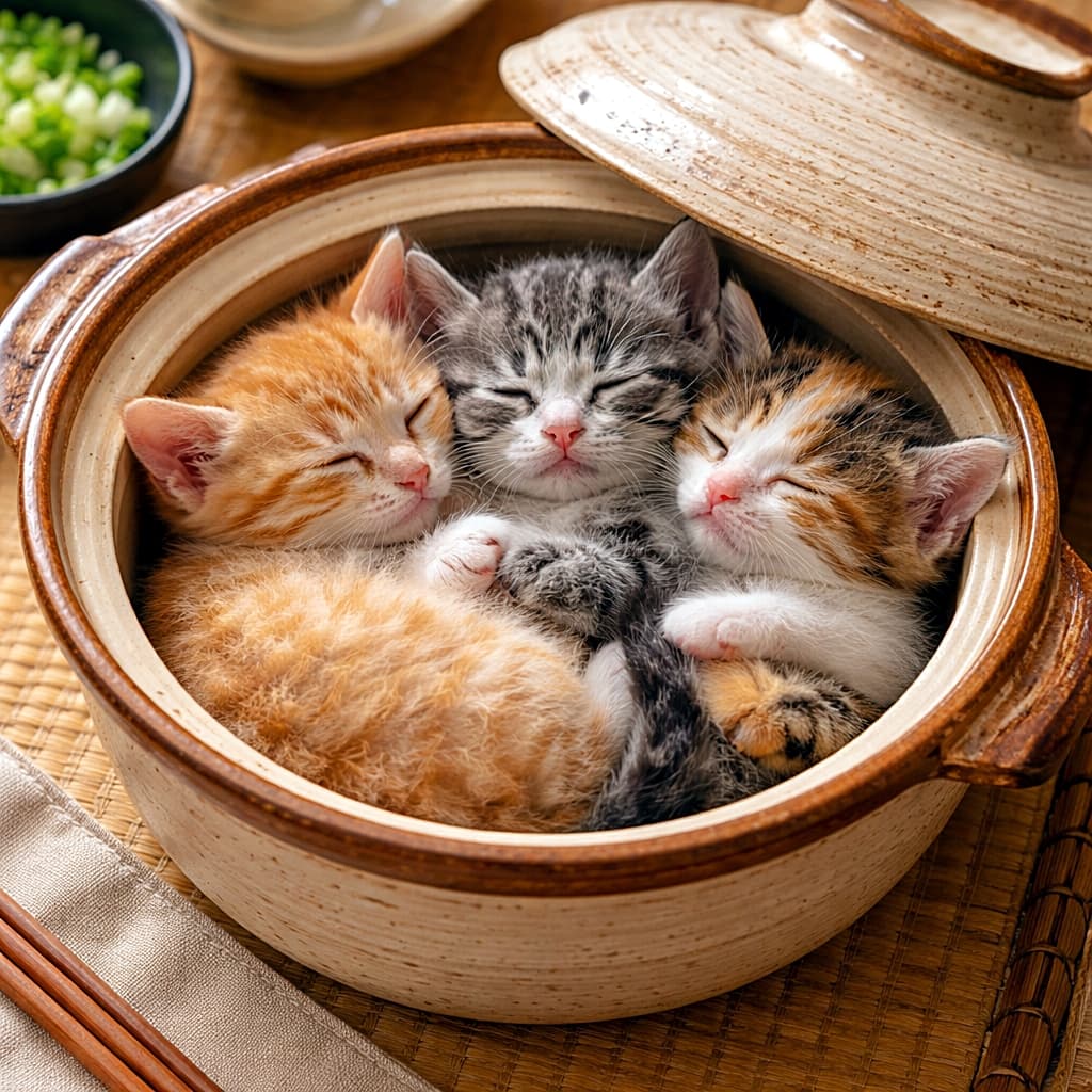 「土鍋の中でぎゅうぎゅう団子になってお昼寝する子猫たち。ぽかぽかの“ねこ鍋”状態で、見ているだけで心までほっこり温まります🐱🍲」Three small kittens sleeping tightly curled together inside a traditional Japanese clay pot (donabe) on a tatami mat. 畳の上に置かれた土鍋の中で、3匹の子猫がぎゅっと寄り添って気持ちよさそうに眠っている様子