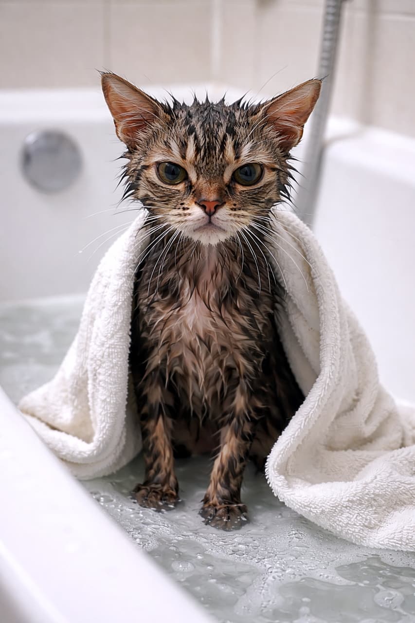 「お風呂に入れられて完全にご機嫌ナナメの猫さん。タオルにくるまれても「納得いかないんだけど…」という顔がたまりません🐱🛁」A soaking wet cat standing in a bathtub, wrapped in a towel and looking skinny and unhappy after a bath. お風呂に入れられて濡れたままタオルをかけられ、不満そうな表情で浴槽に立つ猫