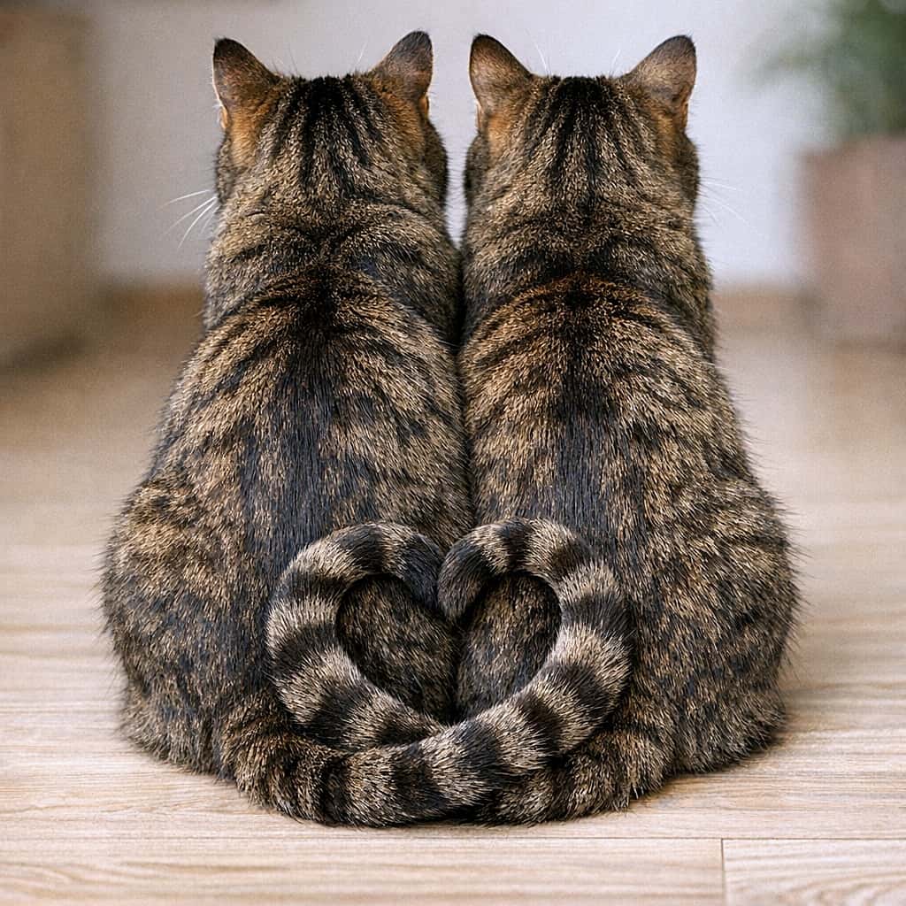 「お部屋の床でぴったり寄り添う2匹🐾 床にくるんと置かれたしっぽのハートマークがたまらなくキュートだね✨」A photorealistic close-up square image of two brown tabby cats sitting very close side by side on a light wooden floor, seen from behind. Their tails rest on the floor, perfectly curling towards each other to form a distinct heart shape. The background is a softly blurred indoor setting with a neutral-toned wall. 明るい木の床の上でぴったり寄り添って並んで座る2匹のキジトラ猫を後ろから捉えた、写実的なクローズアップ正方形写真。床に置かれた2匹の尻尾は互いに向かってカーブし、はっきりとした完璧なハートの形を作り出している。背景は中間色の壁がある、柔らかくぼやけた室内の様子