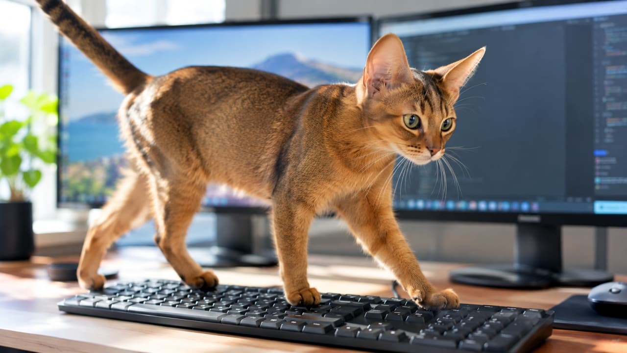 「「このコード、僕がレビューしてあげるニャ💻✨」エンジニア顔負けのスタイリッシュな点検作業🐾 #アビシニアン」An ultra-realistic high-quality photograph of an elegant ruddy Abyssinian cat walking across a black keyboard in a bright office environment. Dual monitors displaying code editors and software are visible in the background, blending wild beauty with a tech space. 明るいオフィス環境で、美しいルディカラー（赤茶色）のアビシニアンが黒いキーボードの上を優雅に歩いている。背景にはデュアルモニターが並び、コードエディタやソフトウェアの画面が表示されており、猫の野性的な美しさとIT空間が融合している