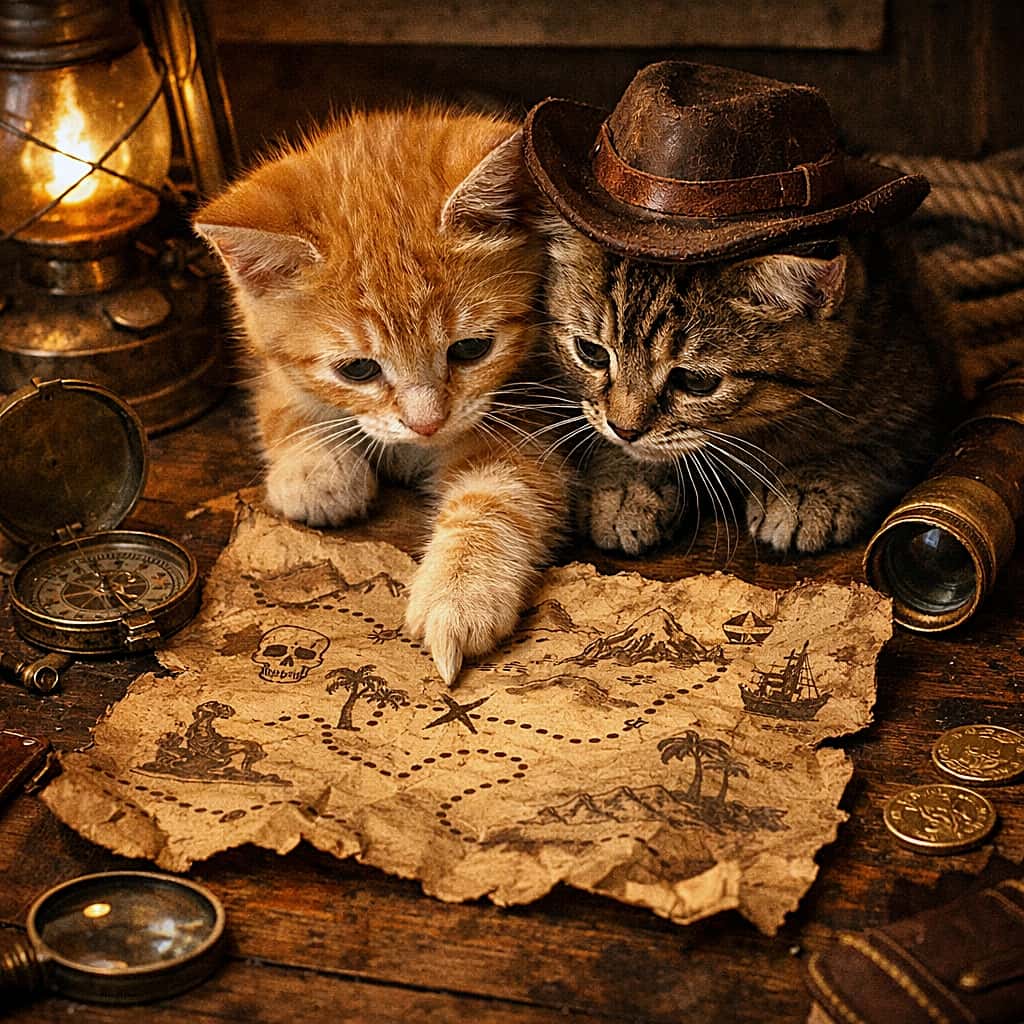 「宝の地図を前に、子猫探検隊が作戦会議中。このあと何も見つからない予感しかしない」Two adventurous kittens study a crumpled treasure map on an old wooden desk, one pointing a paw at the map in a vintage, cinematic setting. 古い木製の机の上で、しわくちゃの宝の地図を見下ろし、片方の子猫が前足で示している冒険心あふれる二匹の子猫
