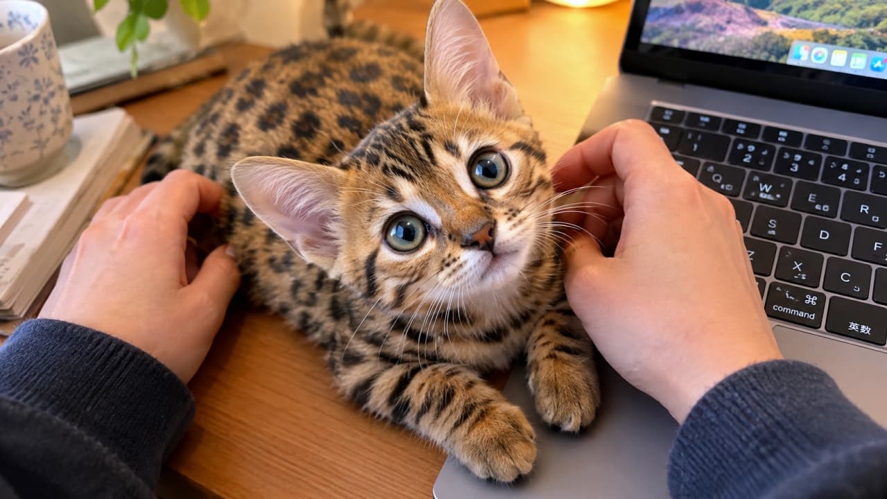 「「お仕事より、僕の相手をする時間だよね？🐾💖」見つめられたら逆らえない魅惑のヒョウ柄ベビー💻 #ベンガル」An ultra-realistic high-quality photograph of a beautiful Bengal kitten with rosette patterns lying in front of a laptop, being gently petted by its owner's hands. It looks directly at the camera with large, clear greenish eyes, showing an affectionate expression. 暖かな光のデスクで、美しいヒョウ柄（ロゼット模様）を持つベンガルの子猫がノートパソコンの手前に腹ばいになり、飼い主の両手で優しく撫でられている。大きく澄んだグリーン系の瞳でカメラを真っ直ぐに見つめ、甘えている表情をしている