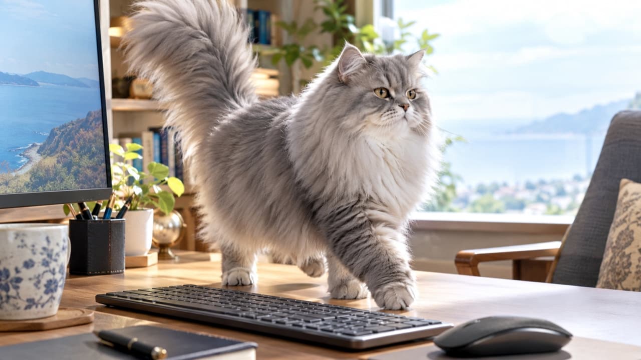 「お仕事中のデスクにモフモフの監視員さんが登場！💻✨しっぽをピンと立てたご機嫌なパトロール姿に癒やされる🐾」Ultra-realistic high-quality photograph of a gorgeous fluffy silver British Longhair cat with gold eyes and a bushy tail held high, walking confidently next to a black keyboard on a wooden desk, with a beautiful coastal view through the window in bright natural light. 画面内には、豊かな飾り毛を持つシルバーグレーのブリティッシュロングヘアが1匹います。美しい海が見える窓際の木製デスクの上で、ピンと立てたふさふさの尻尾を揺らしながら黒いキーボードの横を堂々と歩いています。ゴールドの瞳と光を透かす柔らかな被毛が、爽やかな自然光の中で緻密に描写された情景