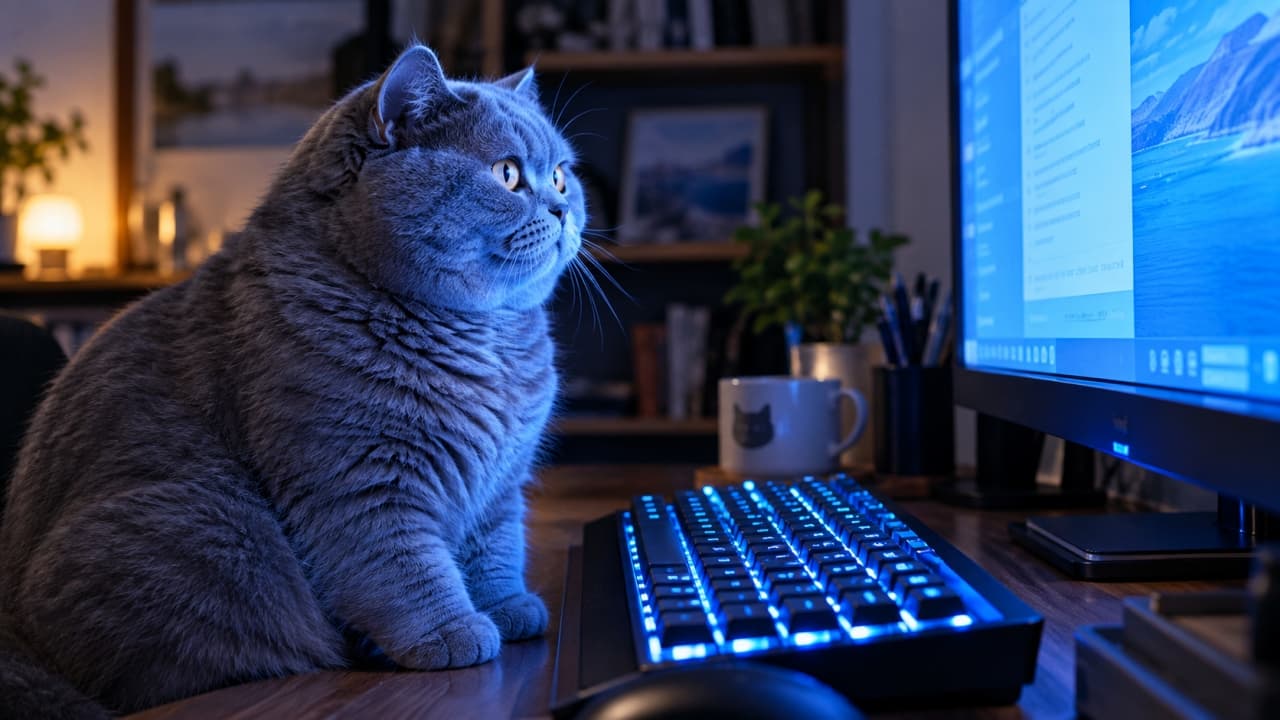 「「明日の納期、僕がなんとかしておくニャ💻🔥」深夜のデスクで頼りになるベテランエンジニア風🐾 #夜更かし猫 #猫好きさんと繋がりたい #猫のいる生活」An ultra-realistic high-quality photograph of a chunky British Shorthair sitting at a desk in a dimly lit room at night, staring intently at a monitor. The blue glow from the mechanical keyboard and screen beautifully illuminates the cat's thick blue-grey fur. 薄暗い夜の部屋で、ふくよかなブリティッシュショートヘアがデスクに座り、モニター画面を真剣に見つめている。青く発光するメカニカルキーボードとモニターの光が、猫のブルーグレーの厚い被毛を美しく照らし出し、静かで集中した作業空間を描き出している