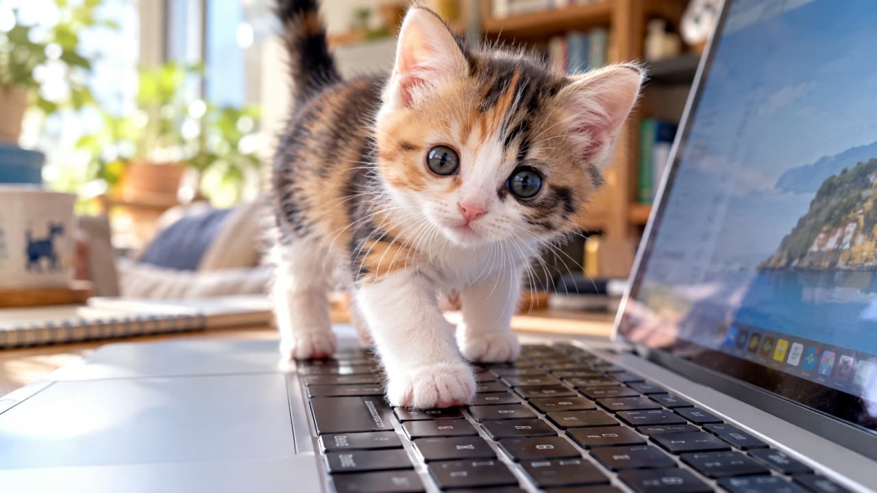 「「タイピングの練習中なの！邪魔しないでね💻🐾」真剣な眼差しでお仕事を手伝う小さな助っ人登場✨ #猫のいる暮らし #猫好きさんと繋がりたい #猫のいる生活」An ultra-realistic high-quality photograph of a calico kitten walking on a laptop keyboard on a desk bathed in soft natural light. It looks directly at the camera with large round eyes, placing its tiny paws on the keys. Houseplants and a bookshelf are blurred in the background. 柔らかな自然光が差し込むデスクで、三毛の子猫がノートパソコンのキーボード上を歩いている写真。丸く大きな瞳でカメラを見つめ、小さな前足をキーに乗せている。背景には観葉植物や本棚がぼんやりと写り、温かみのある日常風景を演出