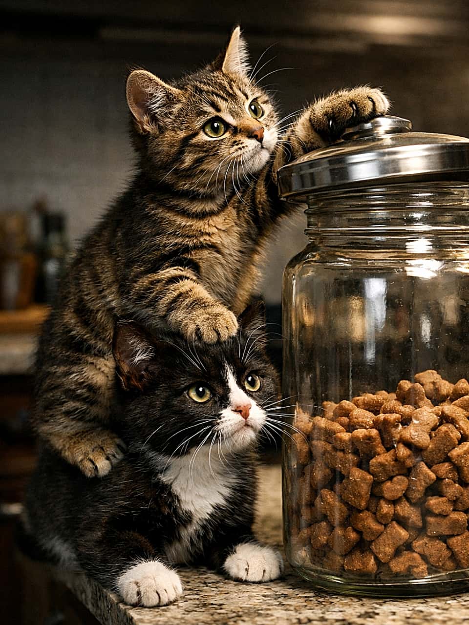「作戦会議は不要！おやつのためなら息もぴったりな最強コンビ🐾」Two clever kittens working together on a kitchen counter, one standing on the other to reach a glass treat jar, with intense focused eyes and cinematic lighting. キッチンカウンターの上で、2匹の子猫が協力してガラスのトリーツジャーを開けようとしている様子。1匹が踏み台になり、もう1匹がフタに手を伸ばし、真剣な眼差しが印象的