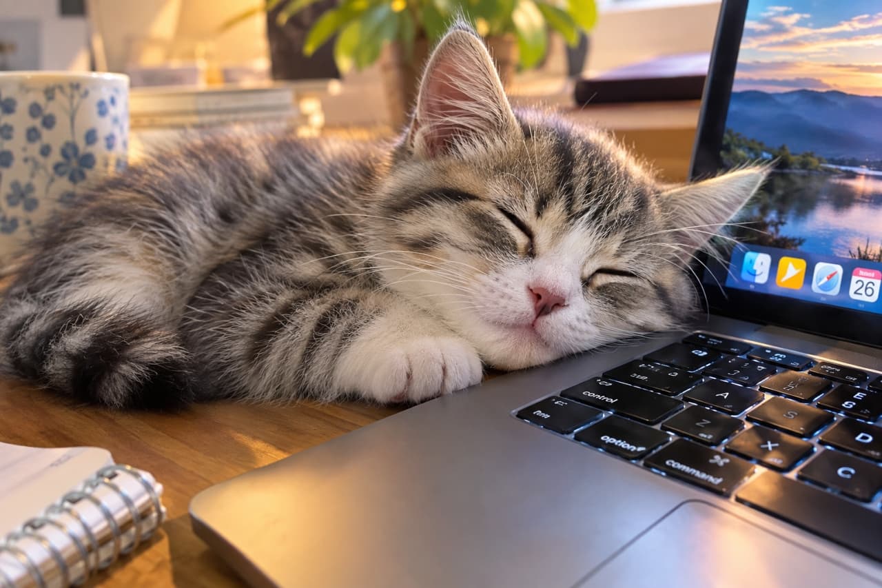 「「残業はお断りにゃん…💤」お仕事中の特等席はここ🐾💖 #お昼寝タイム #猫のいる暮らし #猫好きさんと繋がりたい」An ultra-realistic high-quality close-up photograph of a silver tabby and white shorthair kitten sleeping peacefully with its face resting on a laptop keyboard under warm lighting. Its pink nose and tiny paws are charming, and the laptop screen displays a beautiful nature landscape in the background. 温かい光が差し込むデスクで、サバトラ白の短毛種の子猫がノートパソコンのキーボードに顔をのせて目を閉じて眠っているアップ写真。ピンクの鼻と小さな前足が愛らしく、背景の画面には美しい自然の風景が映っている