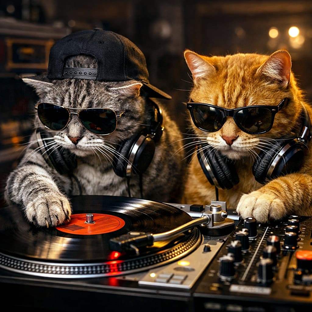 「今夜のフロアは任せてニャ！最強コンビの子猫DJ、レコード回してご機嫌プレイ🎧🐾」Two cool kittens acting as DJs, scratching a spinning vinyl record on a turntable and adjusting mixer knobs, with a photorealistic retro aesthetic and moody lighting. ターンテーブルの上で回るレコードに前足を置き、DJのようにスクラッチとつまみ操作をする2匹のクールな子猫。レトロでムーディーな雰囲気のフォトリアルな写真