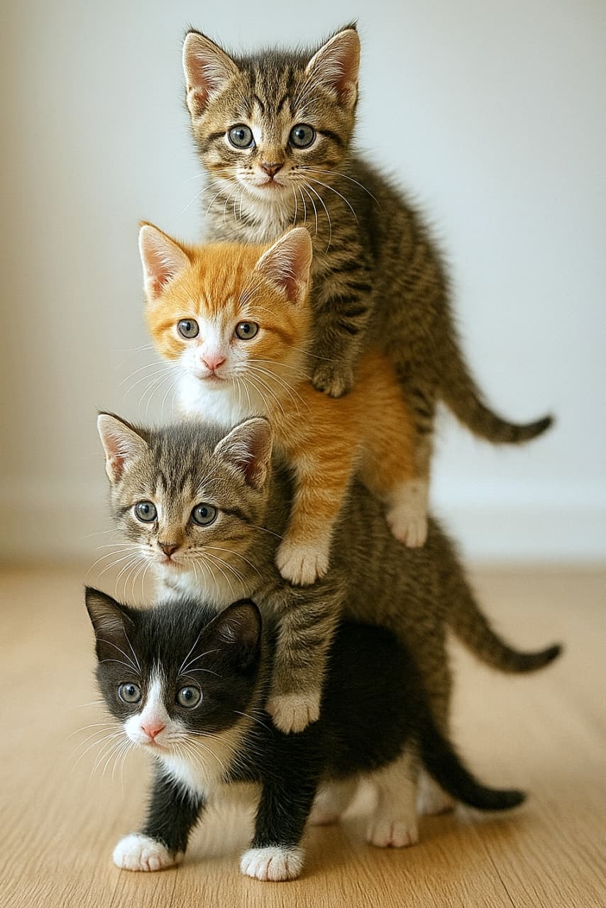 「上に行くほどドヤ顔率アップ。崩れそうで崩れない、子猫ピラミッド選手権🐾」A photorealistic image of four kittens stacked vertically like a small cat pyramid, carefully balancing on each other’s backs on a wooden floor. 木の床の上で、4匹の子猫が背中に乗り合い、縦一列のピラミッド状になっているリアルな写真
