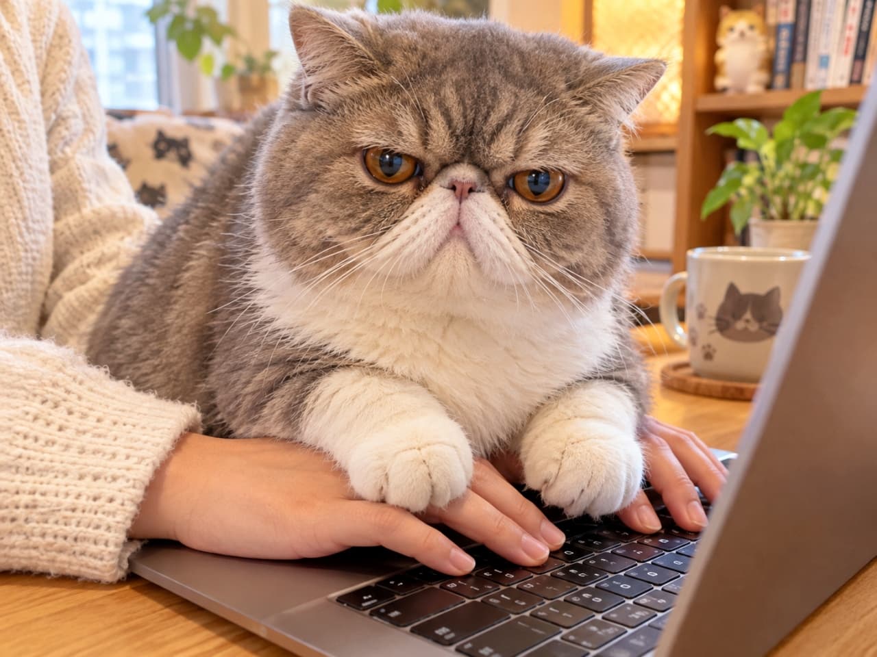 「「タイピングなんて許可してないニャ💢」強制終了を命じる絶対的権力者との戦い💻🐾 #猫圧」An ultra-realistic high-quality photograph of an adorable flat-faced Exotic Shorthair cat (brown tabby and white) sitting heavily on top of its owner's hands, interrupting their typing on a laptop with a highly humorous grumpy expression under warm lighting. 暖かな照明の部屋で、鼻ぺちゃが愛らしいエキゾチックショートヘア（キジトラ白）が、ノートパソコンをタイピング中の飼い主の両手の上にどっしりと香箱座りをして邪魔をしている。カメラへの不満げで不機嫌そうな視線が非常にユーモラス