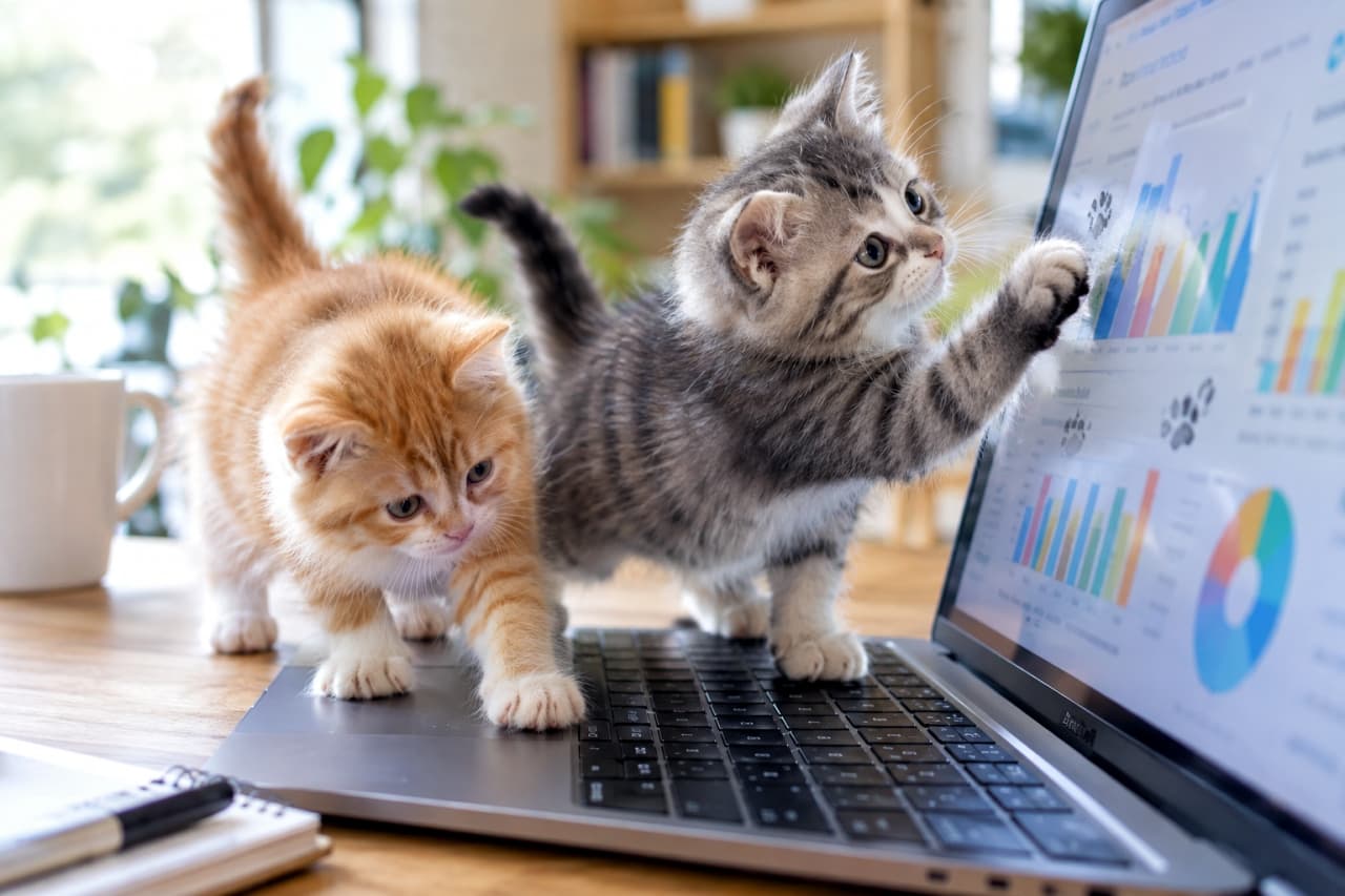 「「このグラフの伸び悩みが問題だニャ🐾」有能すぎる小さなコンサルタントコンビが登場💻✨ #猫のいる暮らし」An ultra-realistic high-quality photograph of two kittens in a modern home office. An orange tabby on the left looks closely, while a silver tabby on the right playfully bats at the laptop screen displaying colorful graphs, leaving paw prints. 明るい木製デスクで、2匹の子猫がシルバーのノートパソコンに乗っている。左側の茶トラの子猫はトラックパッドに前足を置き、右側のサバトラの子猫は画面のカラフルな棒グラフを右前足でパンチして足跡を付けている。自然光が入り、背景に観葉植物と白いマグカップが見える