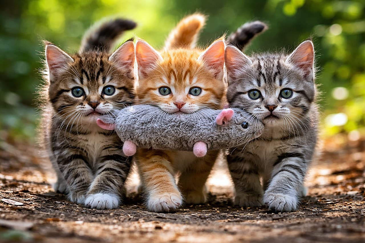 「今日の戦利品はこれ！息ぴったりな子猫トリオの、誇らしすぎる大行進🐾」Three kittens walking proudly in a row, carrying a gray toy mouse together like tiny hunters, in a sunlit forest path. おもちゃのネズミを一緒にくわえ、小さなハンターのように誇らしげに並んで歩く3匹の子猫