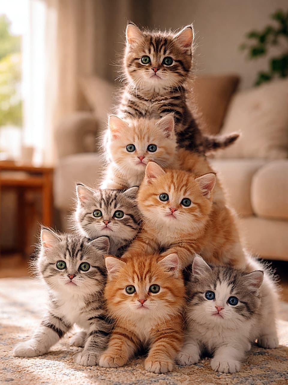 「重なって、ずれて、でも可愛い！子猫たちの全力ゆるゆるピラミッド完成🐾」A photorealistic high-resolution image of seven kittens forming a clumsy cat pyramid, standing on each other’s backs in a cozy living room. リビングルームで、子猫たちが背中に乗り合いながら不器用なピラミッドを作っている高解像度のリアルな写真