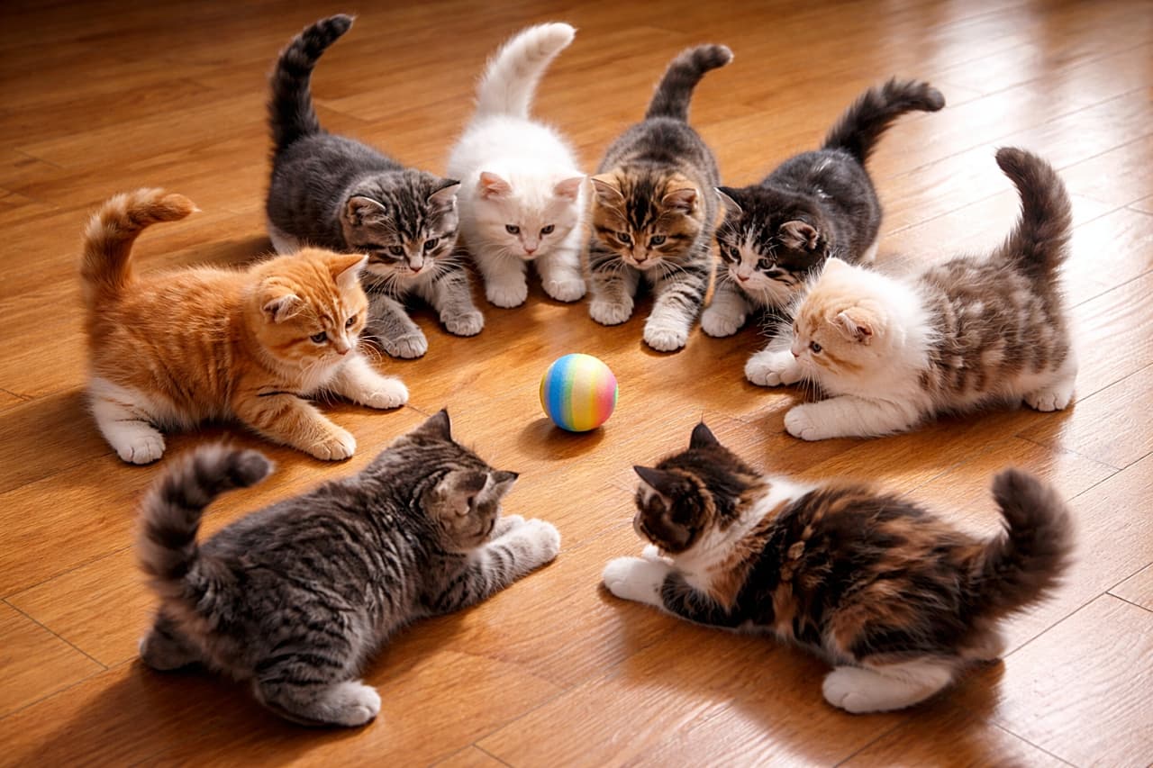 「息ぴったり！？円陣を組んでボールを追う子猫たちの可愛さ大爆発タイム🐾」Photorealistic scene of eight kittens forming a circle and playing together, chasing a colorful ball on a wooden floor. 木の床の上で、8匹の子猫たちが円になってカラフルなボールを追いかけて遊ぶフォトリアルな光景