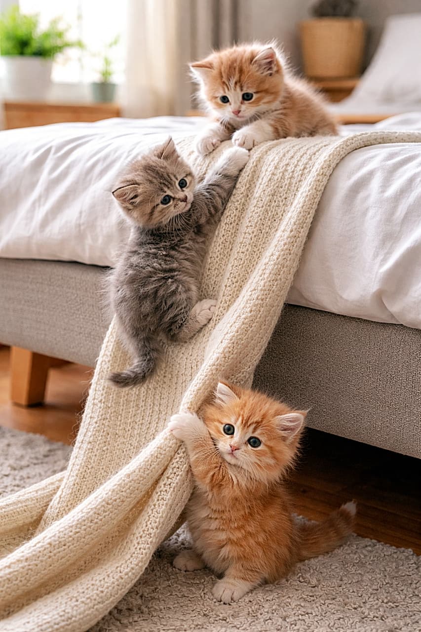 「ブランケットは友情のはしご？力を合わせてベッド制覇中の子猫チーム🐾」Photorealistic kittens working together to climb onto a bed using a knitted blanket like a ladder, one kitten holding the edge while others climb. ニットのブランケットをはしご代わりに、協力してベッドによじ登る子猫たちのフォトリアルな写真